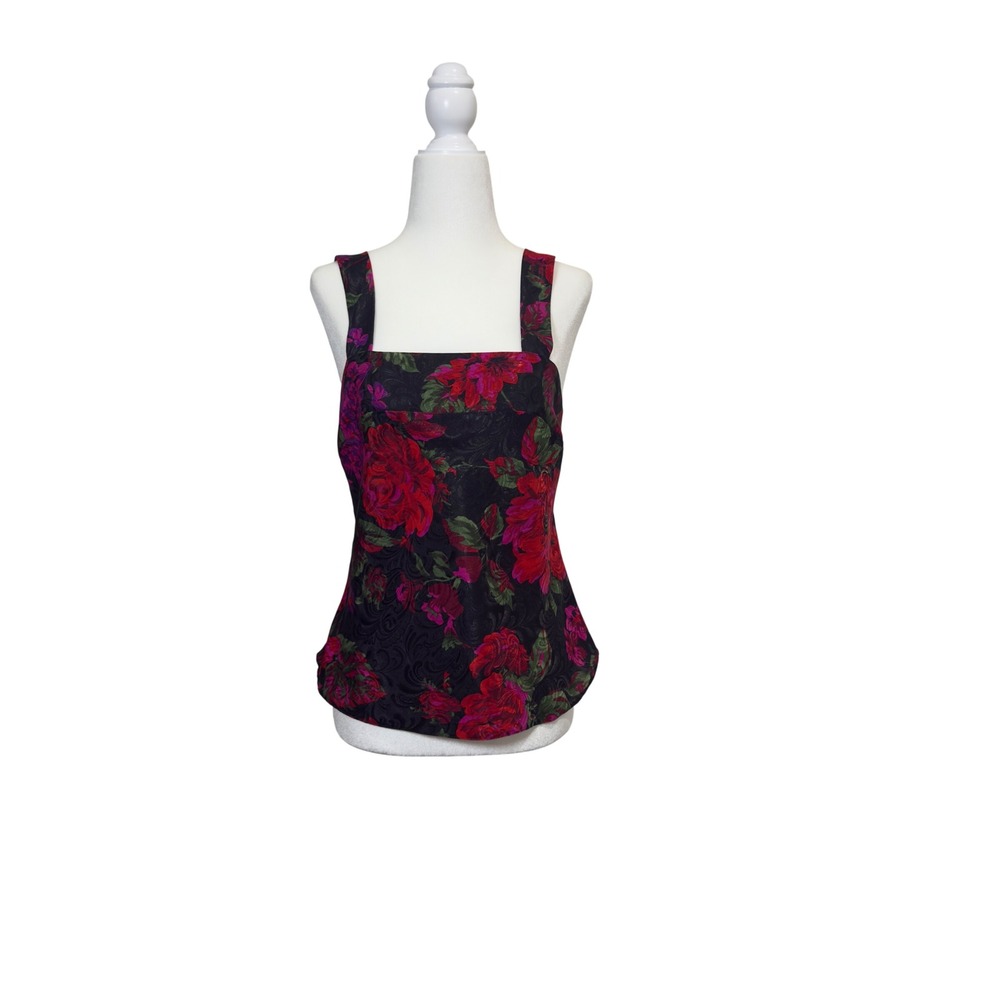 Vintage Lucie Ann II‎ Floral Rose Camisole Top Black Red Purple Square Neck 34
